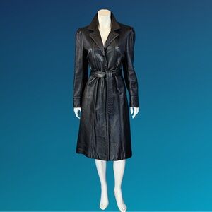 70s Black Leather Belted Rockstar Trench Coat S